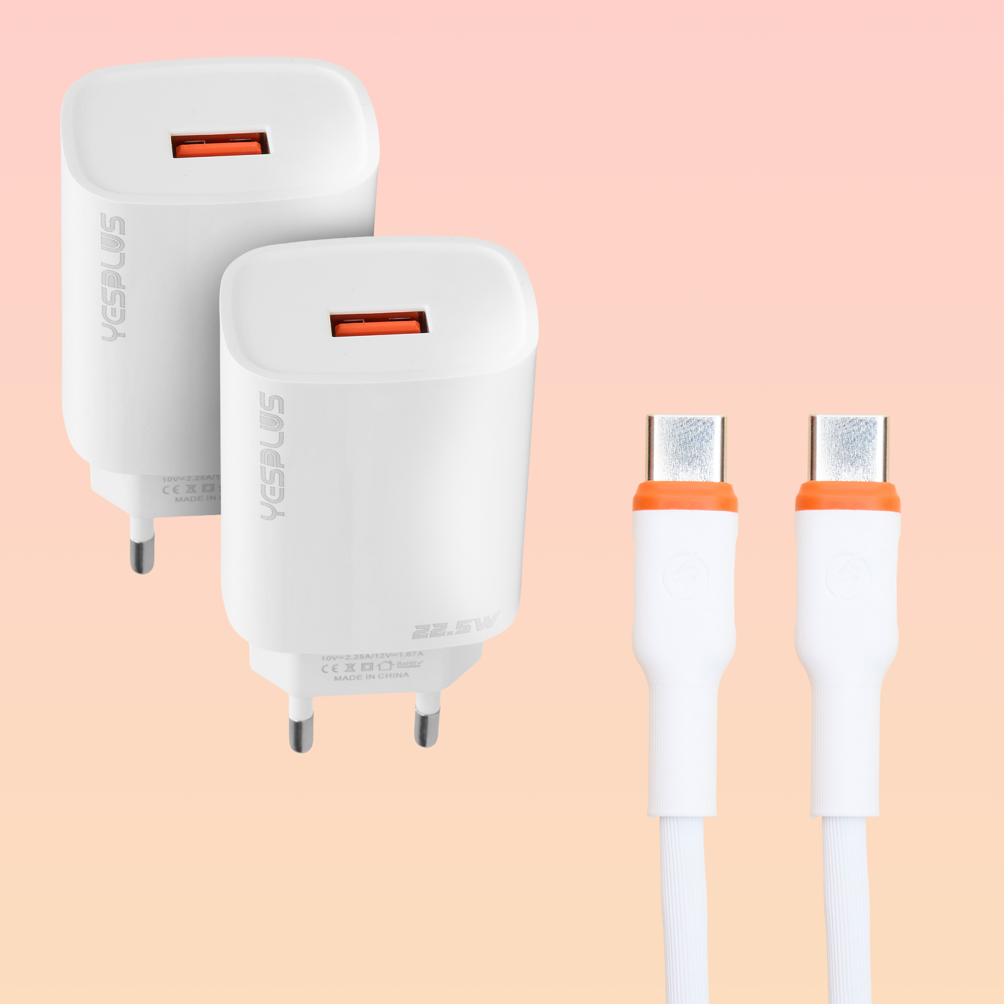 2x 22.5W USB Fast Chargers Blocks and Cables