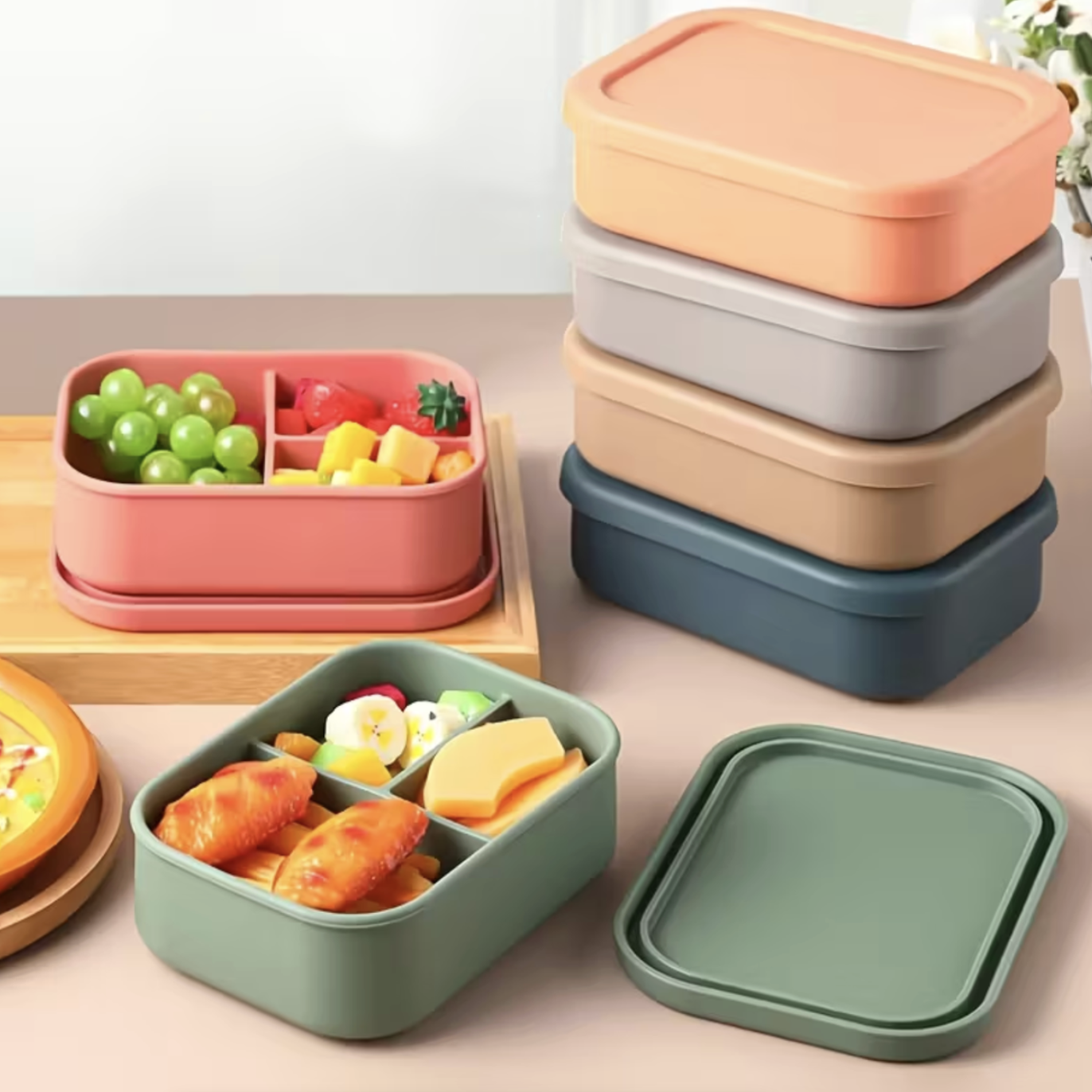 2x Silicone Lunch Boxes with Dividers