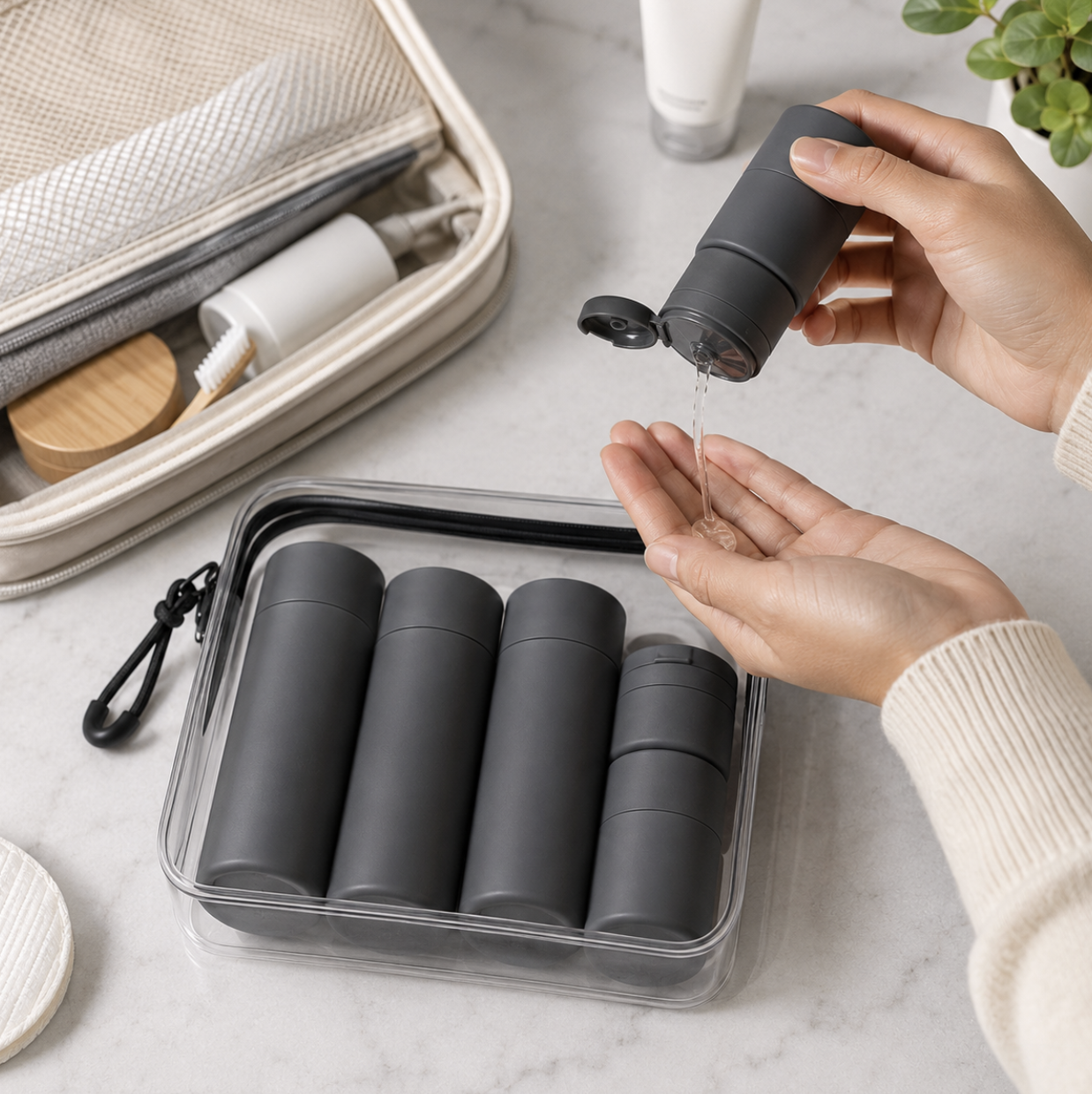 5-Piece Reusable Travel Bottle Set with Labels and Carry Bag