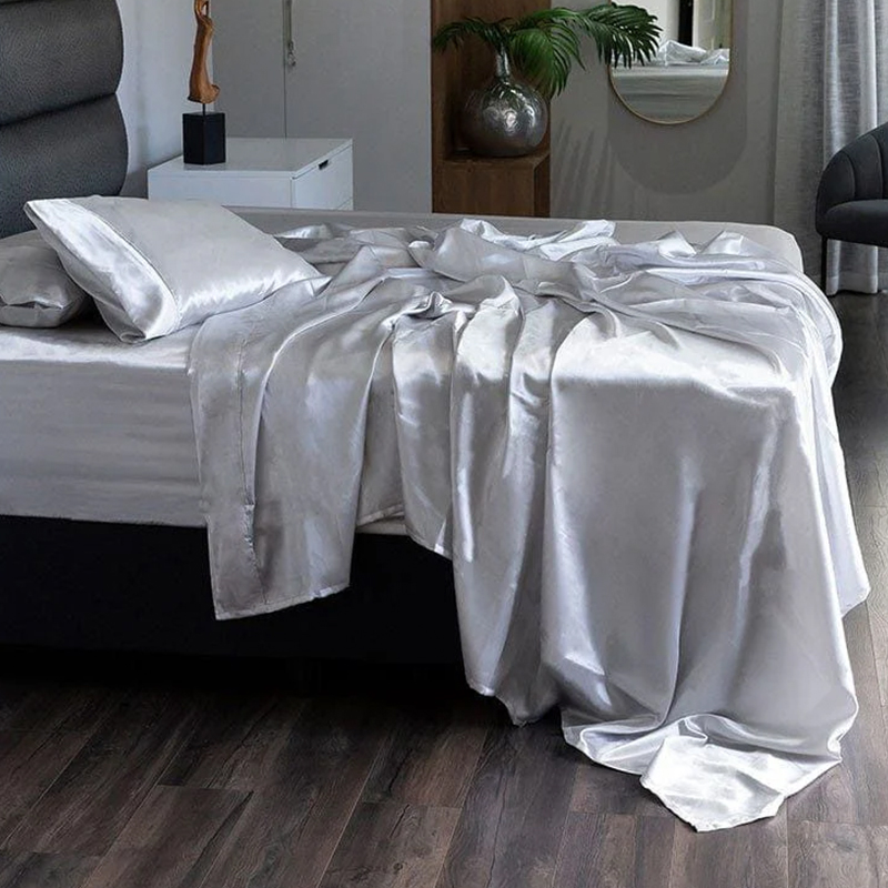 Silver Satin Sheet and Pillowcase Set