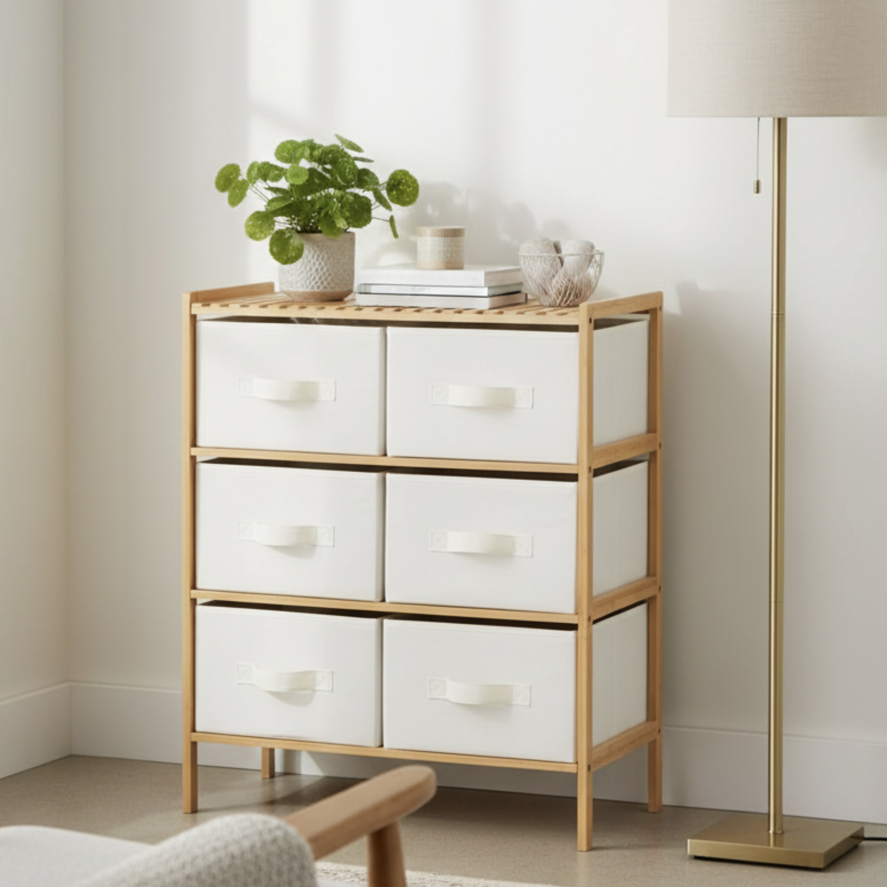 3-Tier Bamboo Storage Rack with 6 Fabric Drawers