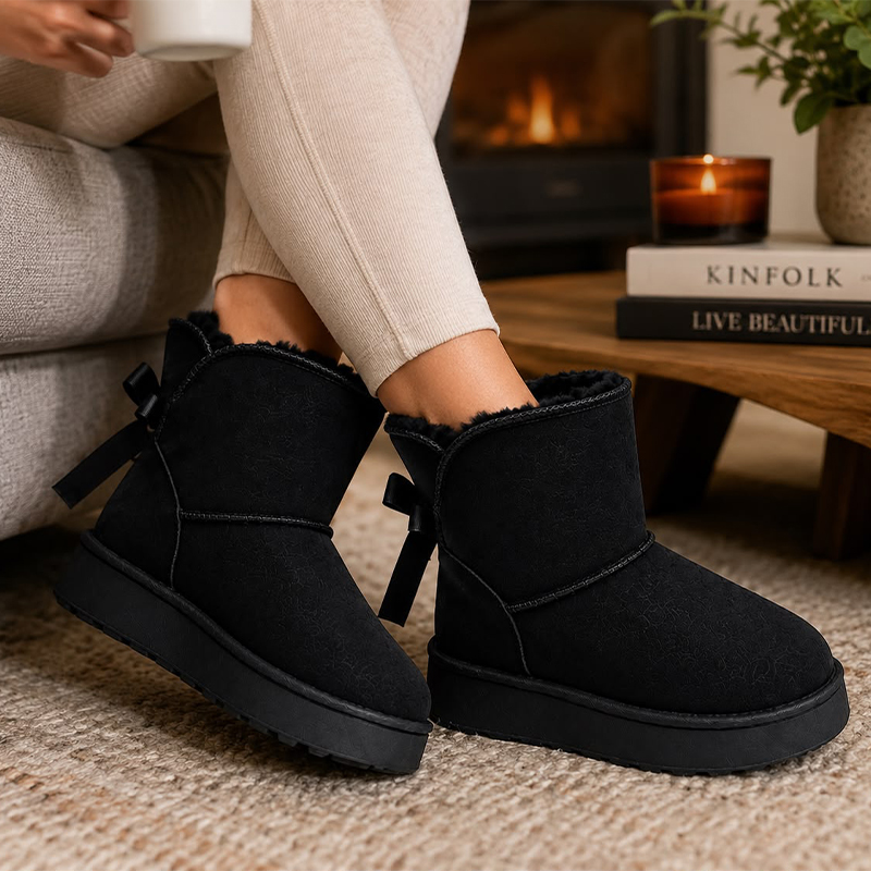 Ladies Faux Suede and Fur-Lined Boots with Bow