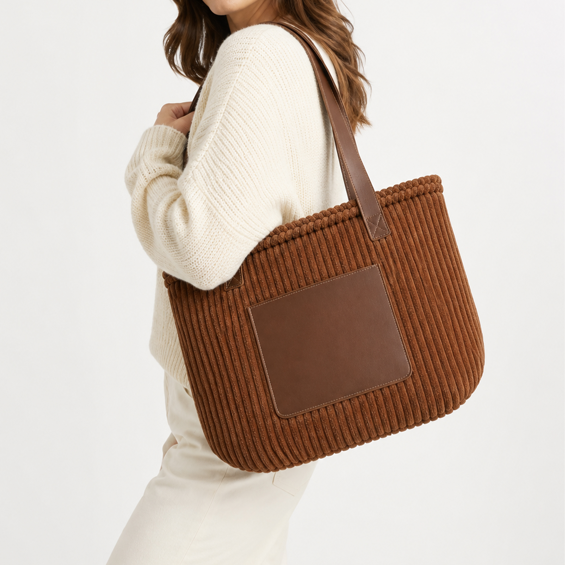 Large Genuine Leather and Corduroy Zoe Tote Bag
