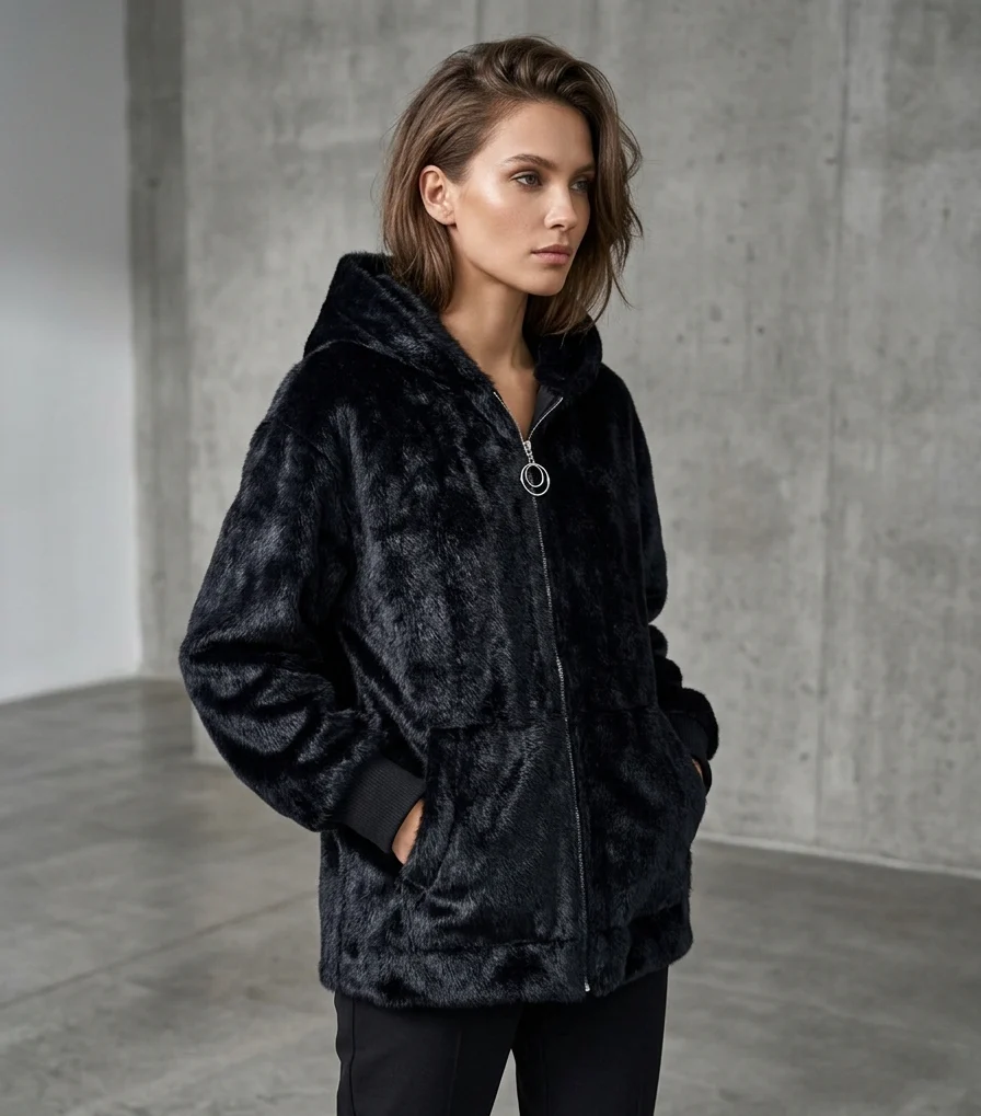 Ladies Cashmere Blend Fuzzy Zip-Through Hooded Jacket