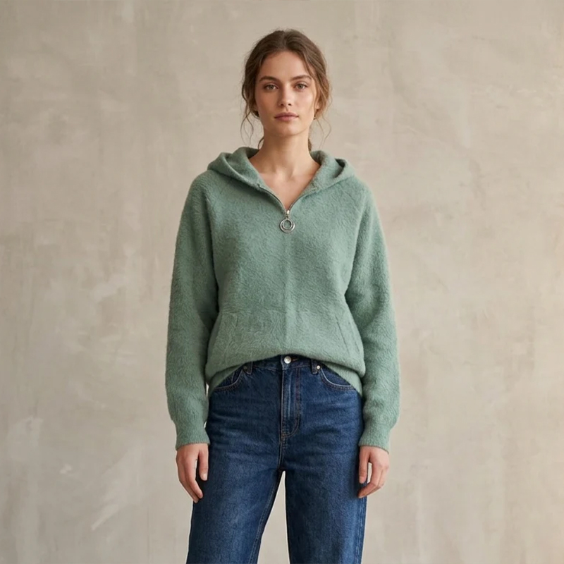 Ladies Cashmere Blend Fuzzy Zip-Through Hooded Jacket