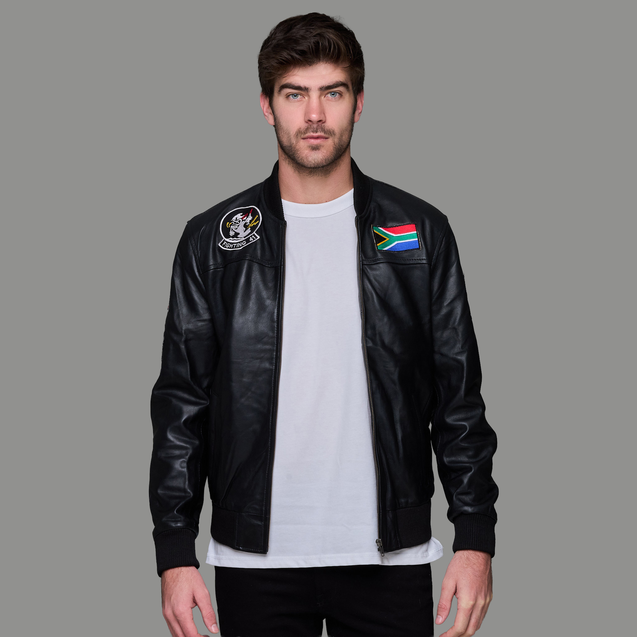 Men's Genuine Leather SA Flag Patchwork Bomber Jacket