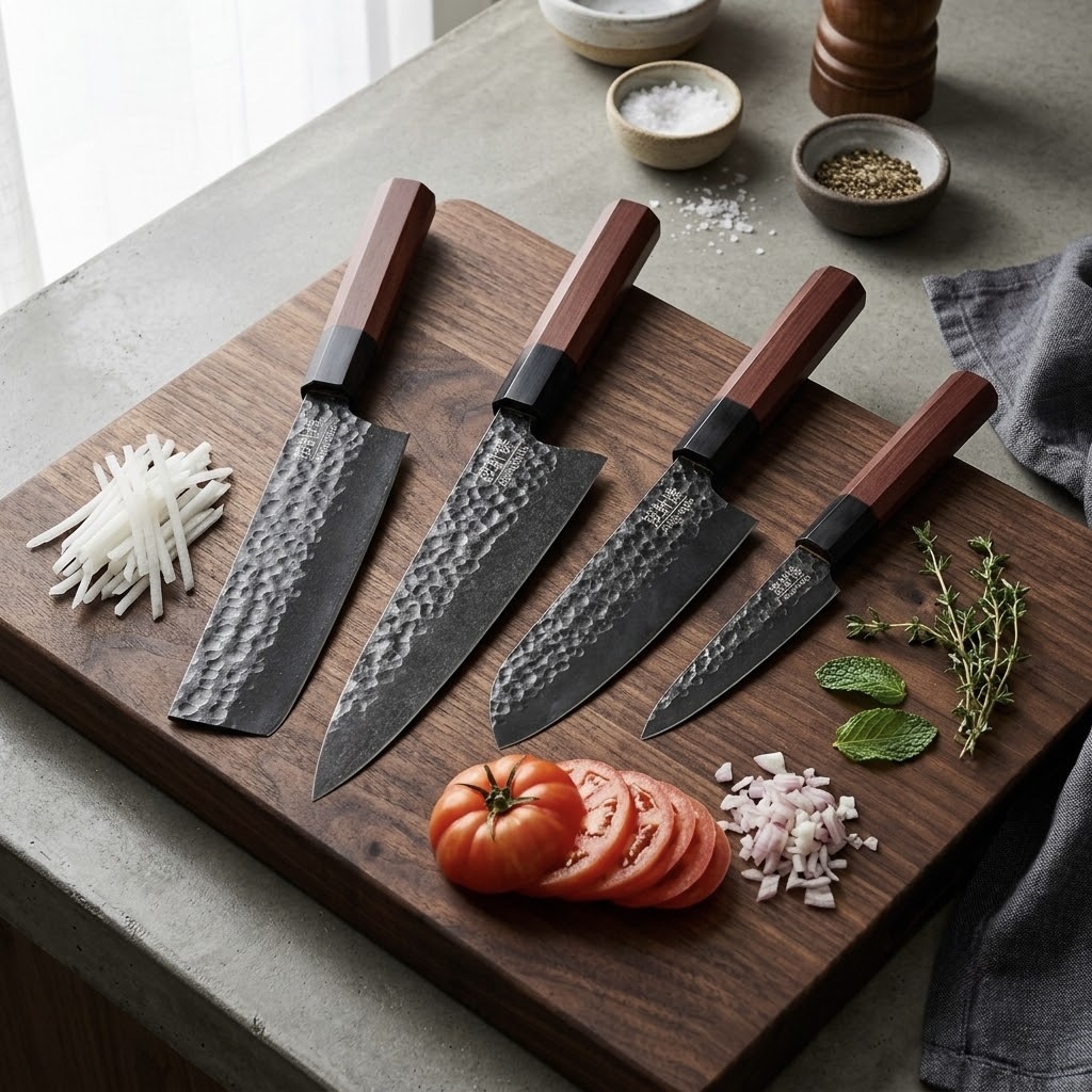 4-Piece Anjin-Sama Kurouchi Hammered Culinary Knife Set