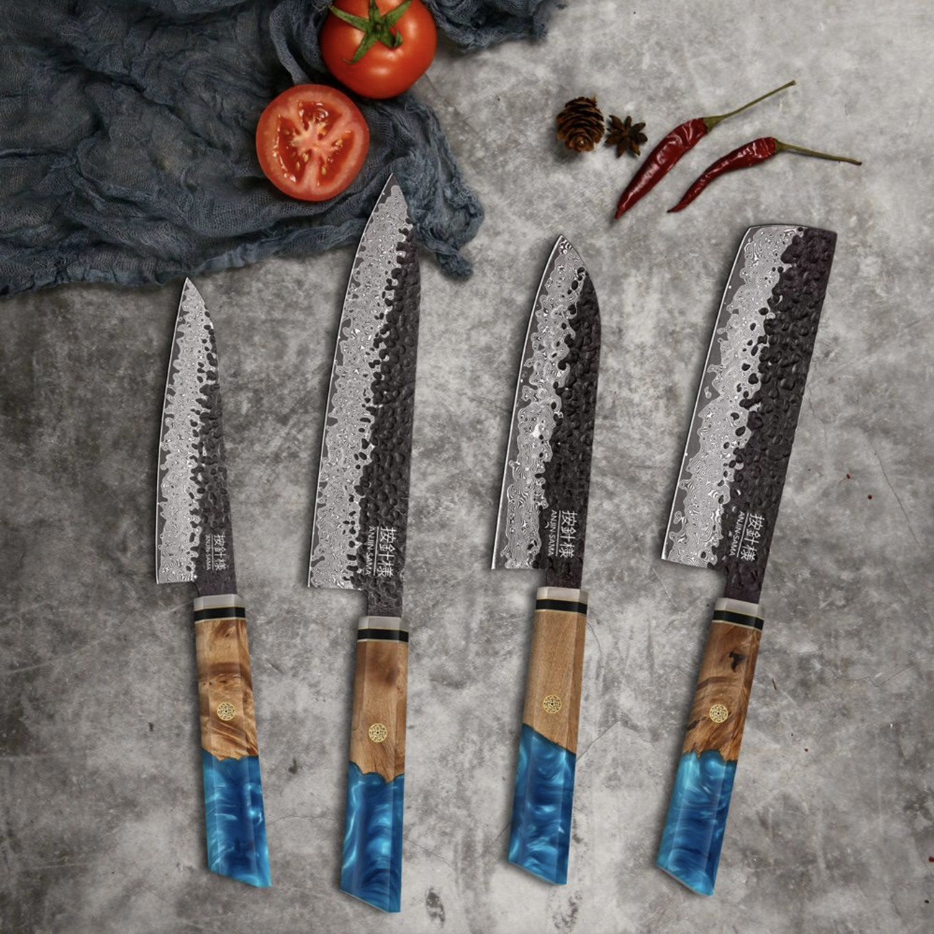4-Piece Anjin-Sama VG10 Kurouchi Hammered Damascus Knife Set