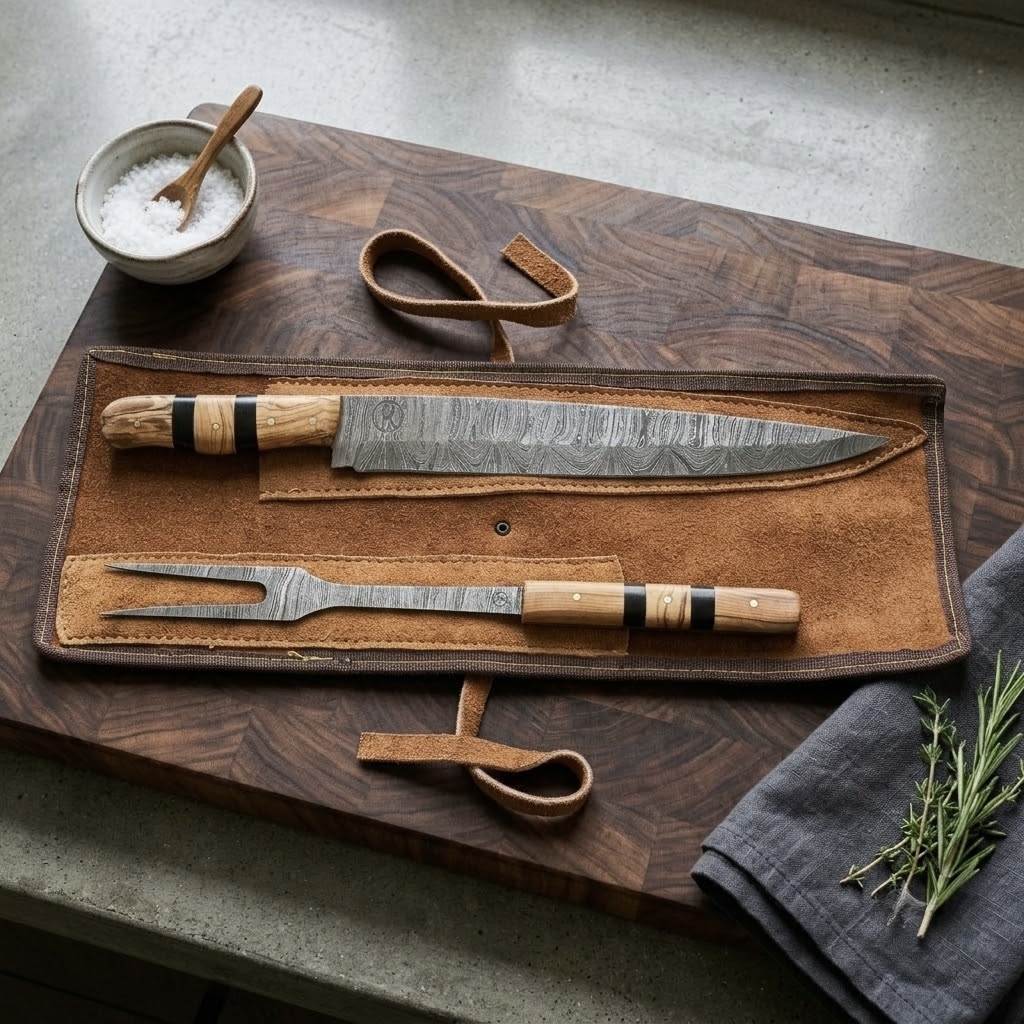 2-Piece Carbon Damascus Carving Set with Olive Wood Handles