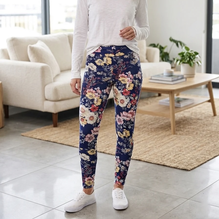 Ladies High Waisted Floral Print Fleece Leggings with Pockets