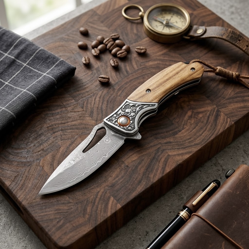 Damascus Folding Knife with Sandalwood Handle