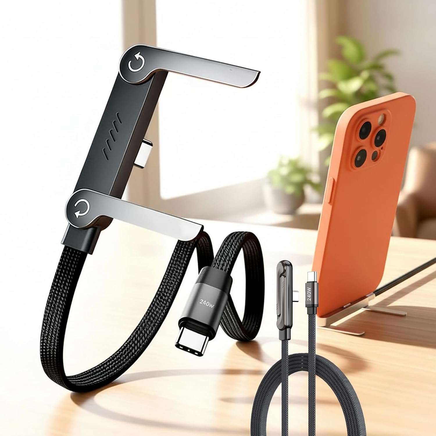 240W 2-in-1 USB-C Fast Charging Data Cable with Phone Stand
