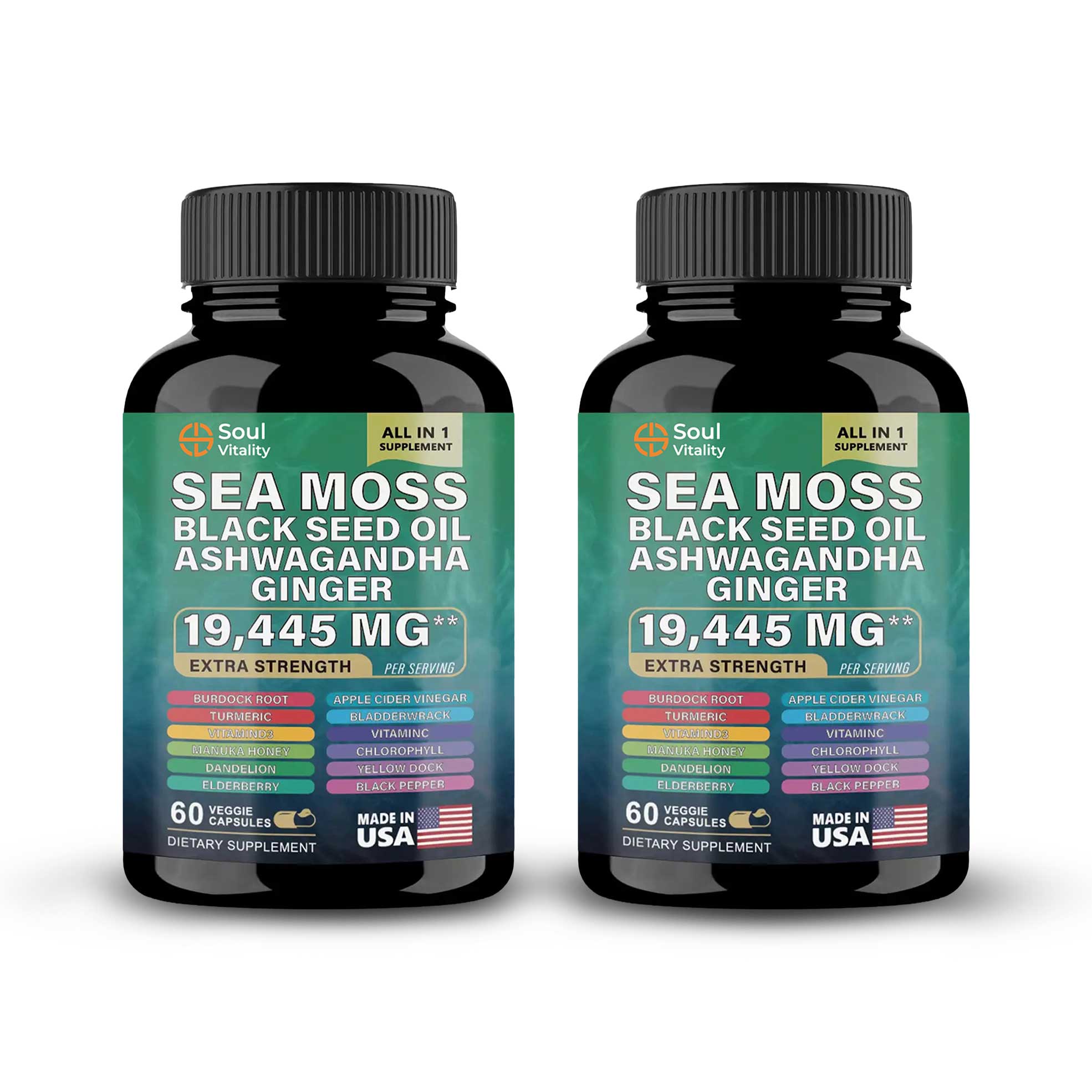 2x Dynamic Seamoss, Ashwagandha and Black Seed Oil Capsules (60's)