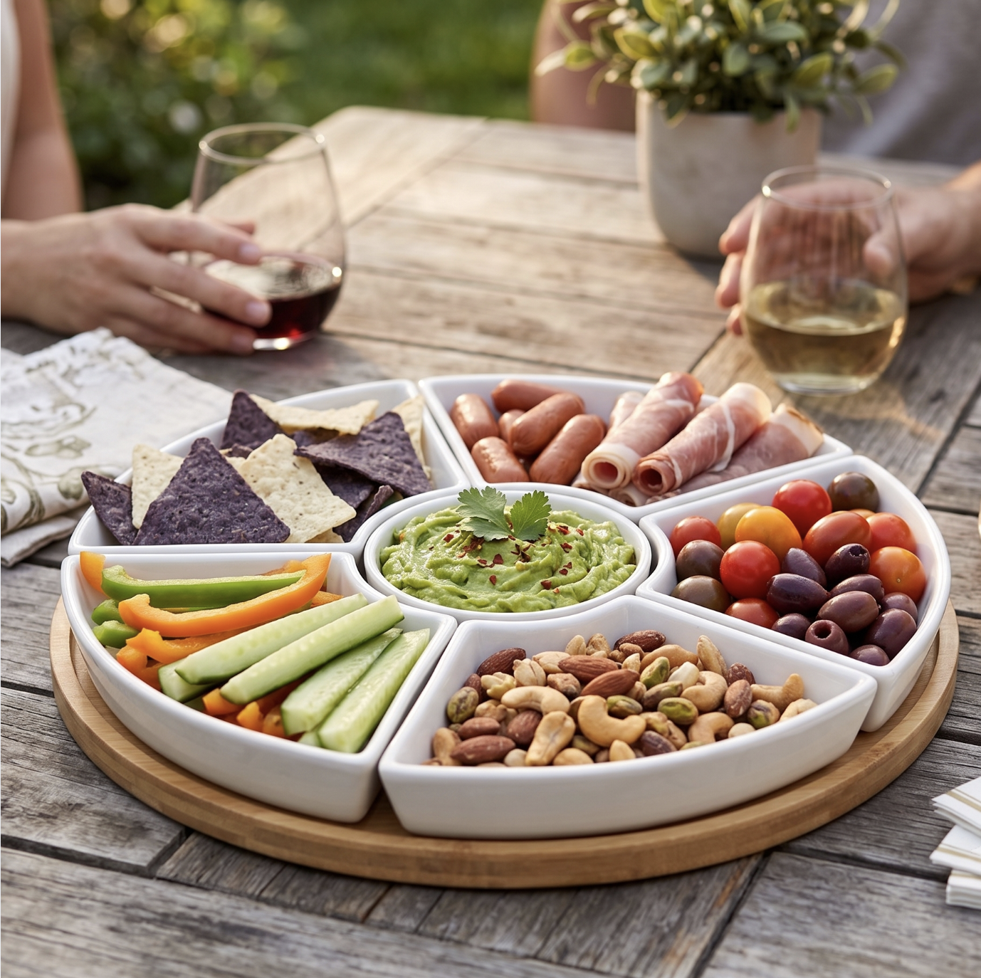 Round Bamboo Snack Platter with Ceramic Dishes