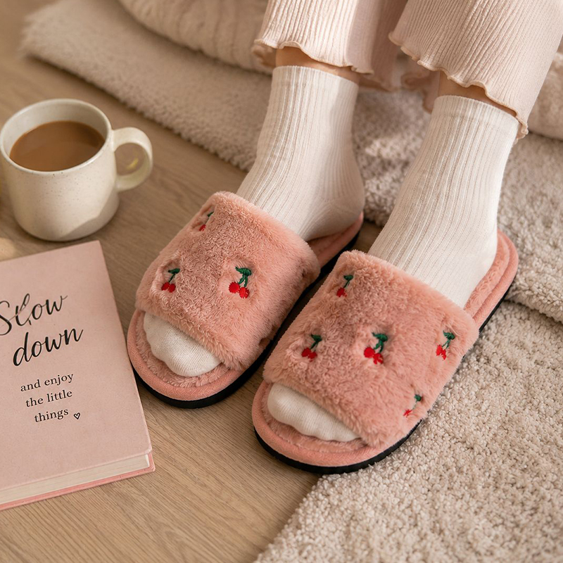 Ladies Fluffy Cherry Peep Toe Slippers