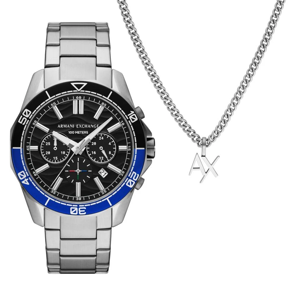 Men's Spencer Chronograph Stainless Steel Watch and Necklace Set