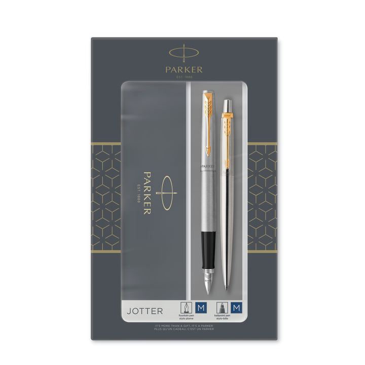Jotter Duo Stainless Steel Gold Trim Ballpoint and Fountain Pen Set