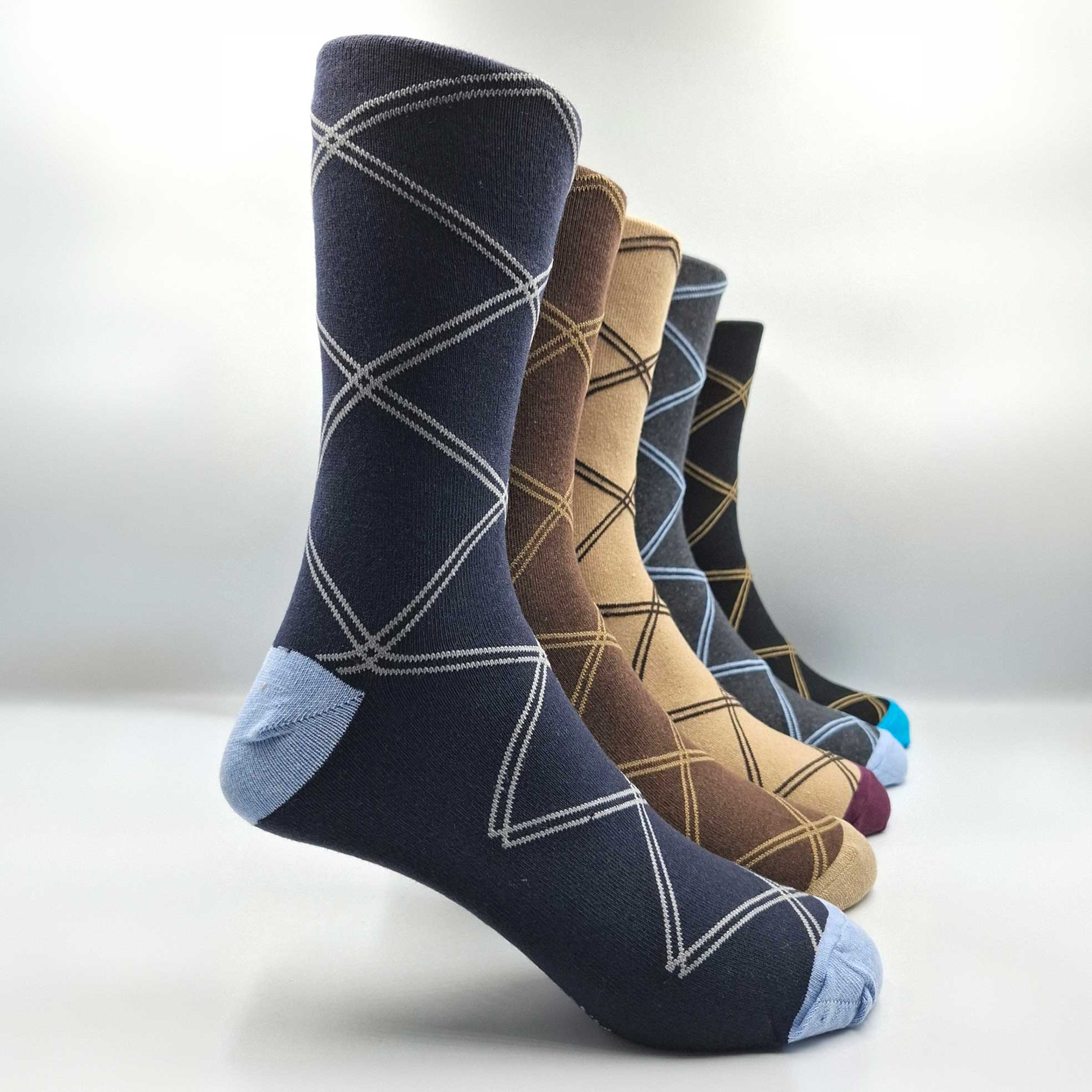 5x Pairs of Men's Colour-Block Cross-Hatch Dress Socks