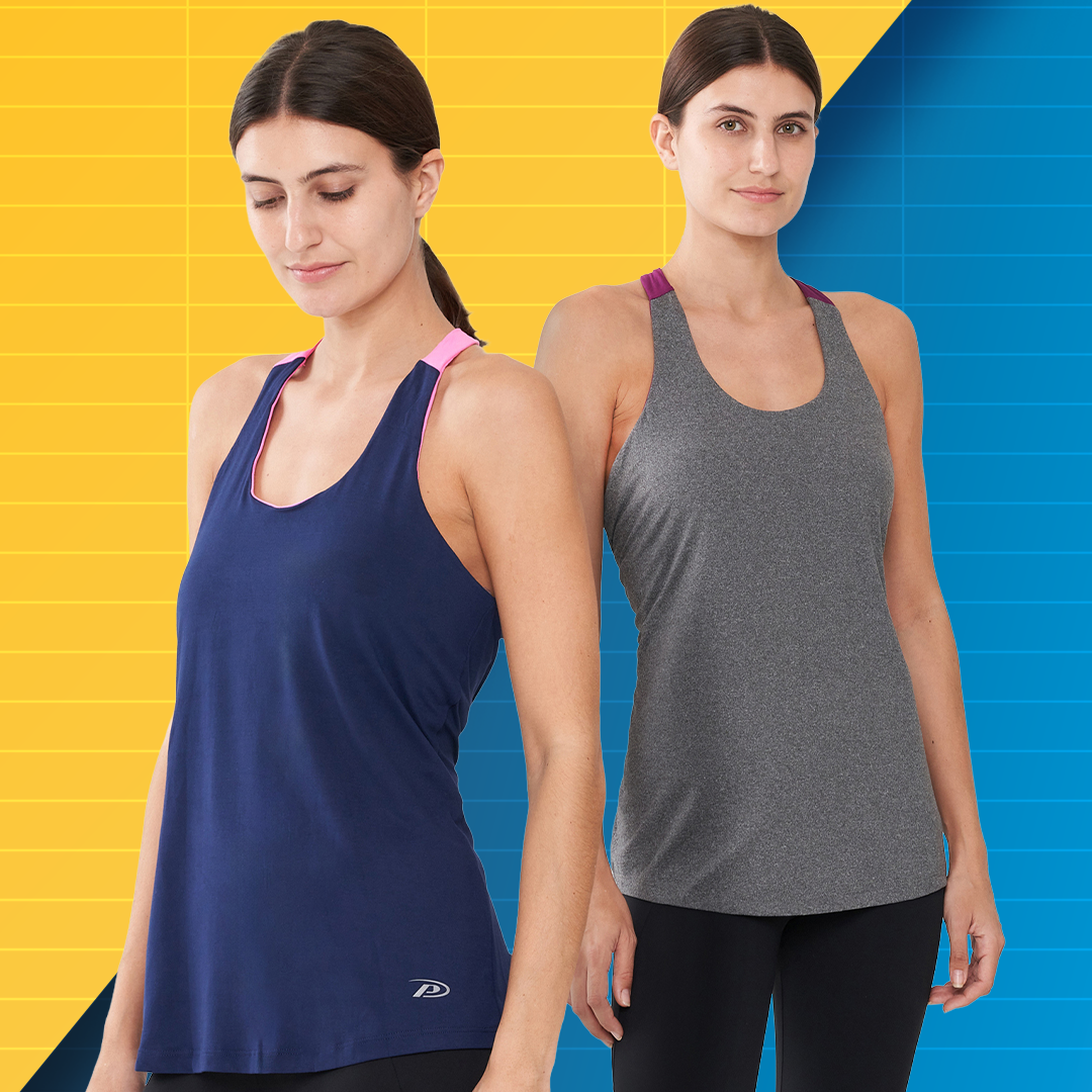 2x Ladies Built-In Chest Support Racerback Active Tank Tops