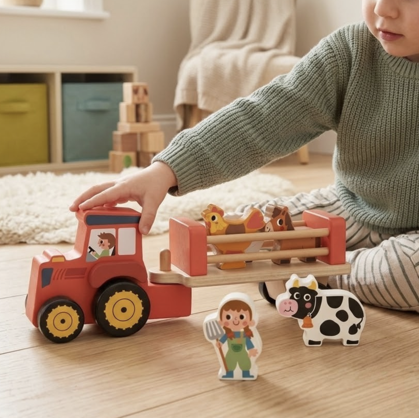 8-Piece Wooden Farm Tractor Toy Set