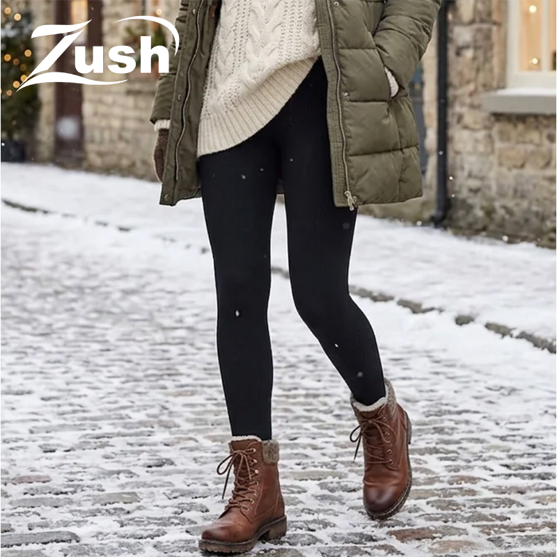 2x Ladies Fleece-Lined Ribbed High Waist Leggings