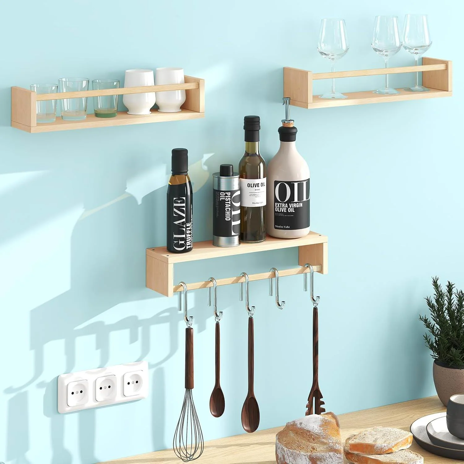3-Piece Bow-Front Ledge Shelf Set with Rails