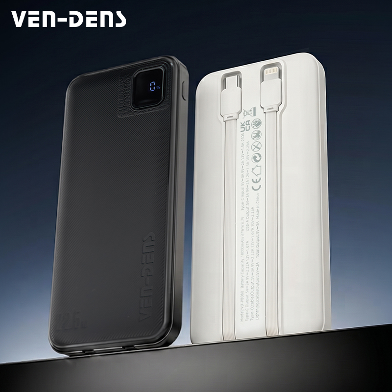 10000mAh Power Bank with Built-in Cables Black