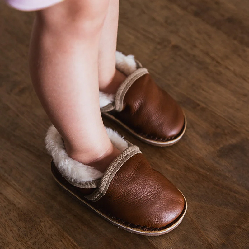 Kids Brown Genuine Leather Sheepskin Slippers