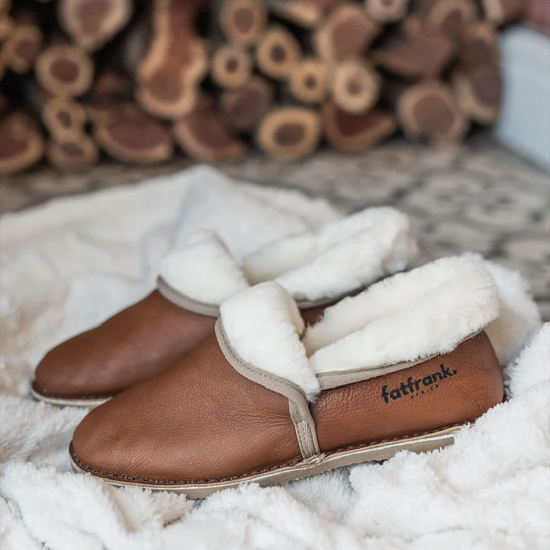 Men's or Ladies Brown Genuine Leather Sheepskin Slippers