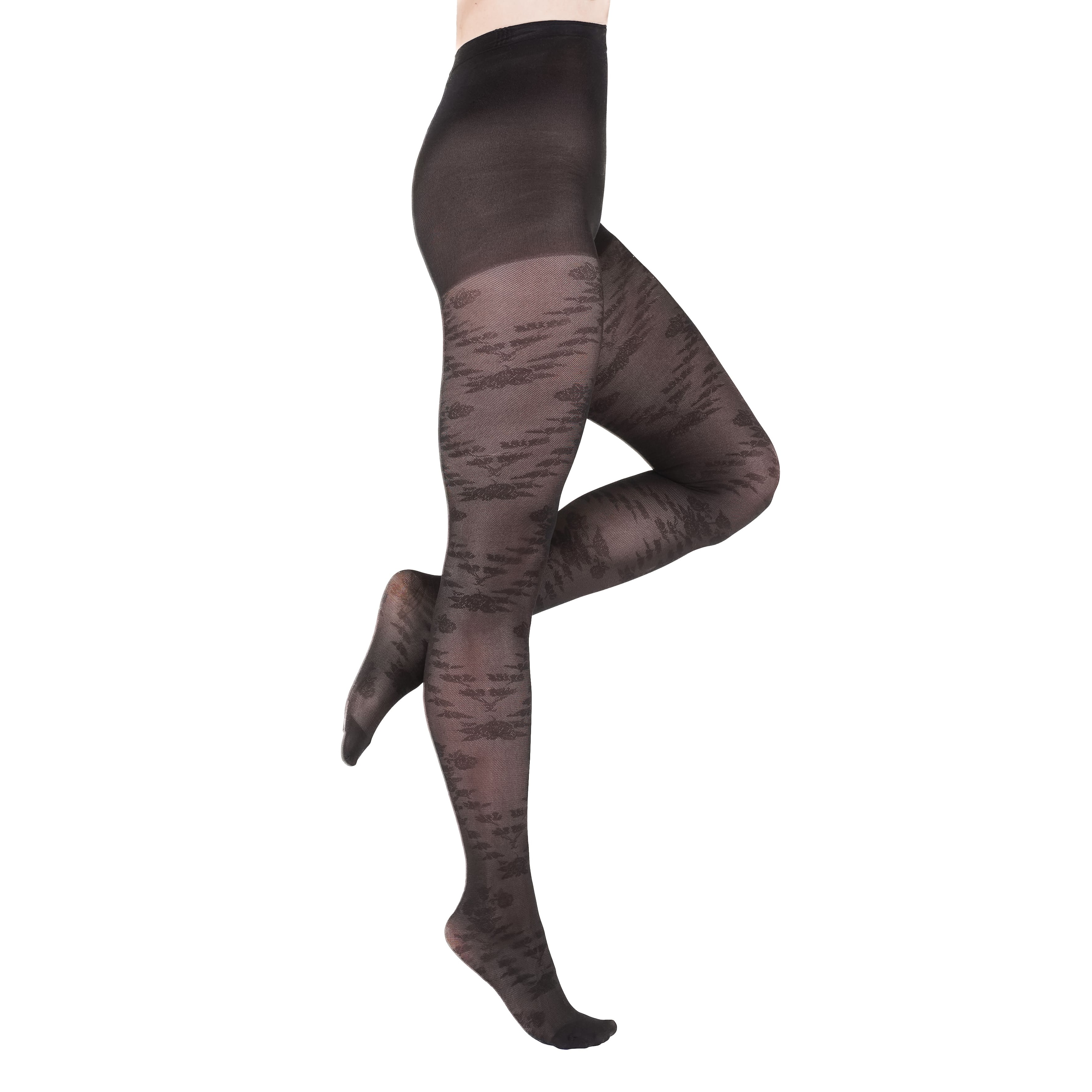 2x Pairs of Ladies Black Sheer Rose Design Pantyhose