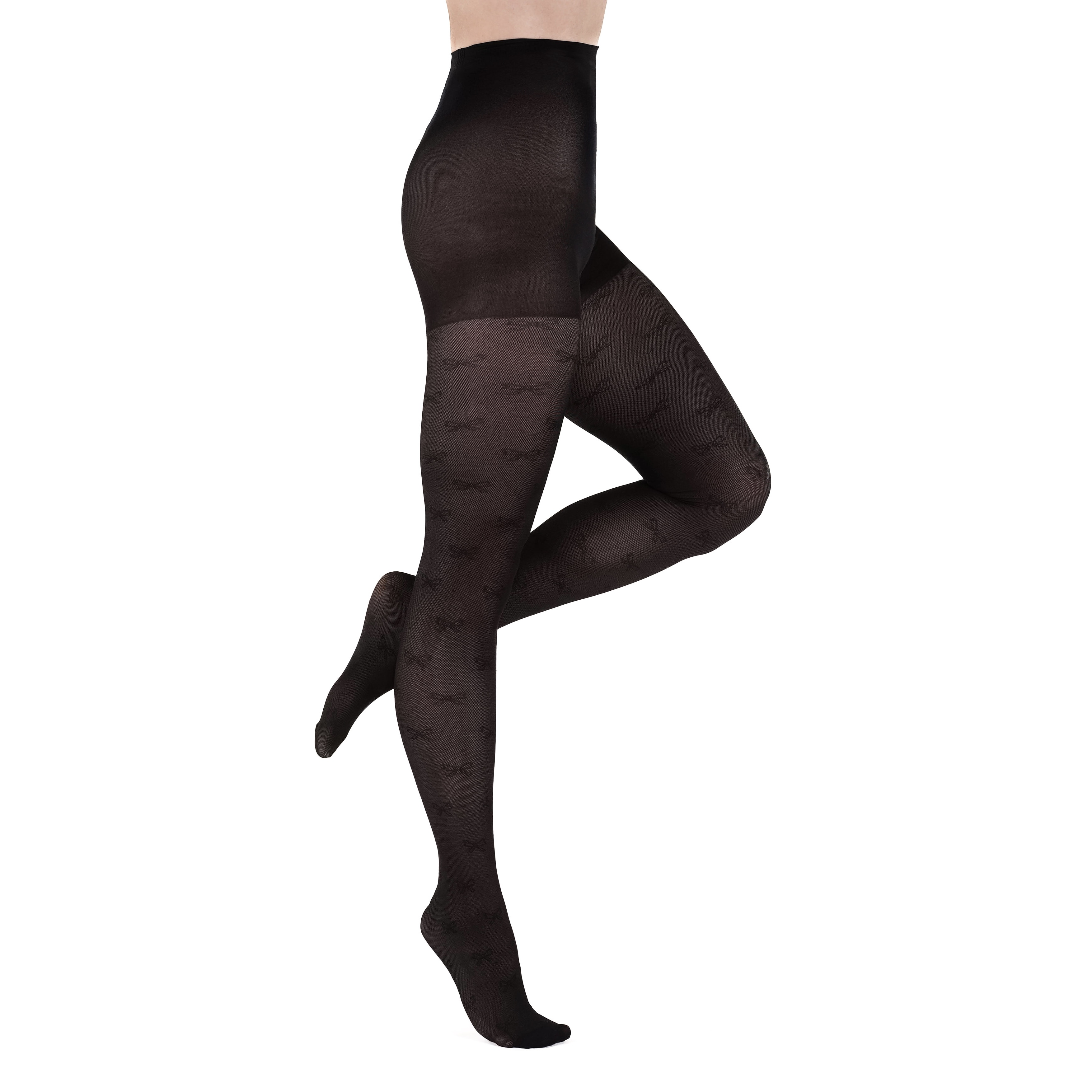2x Pairs of Ladies Black Sheer Bow Design Pantyhose