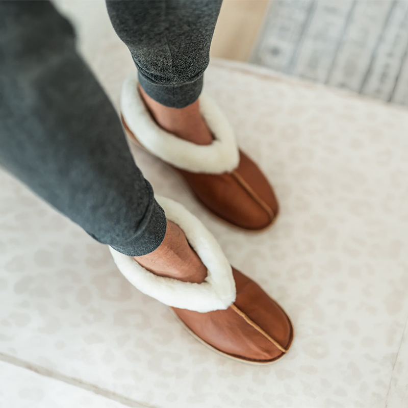 Men's or Ladies Premium Brown Genuine Leather Sheepskin Slippers
