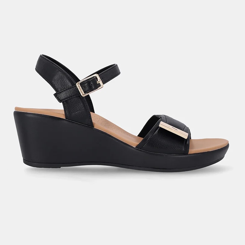 Ladies Black Cadynn Double Strap Slip-on Wedges