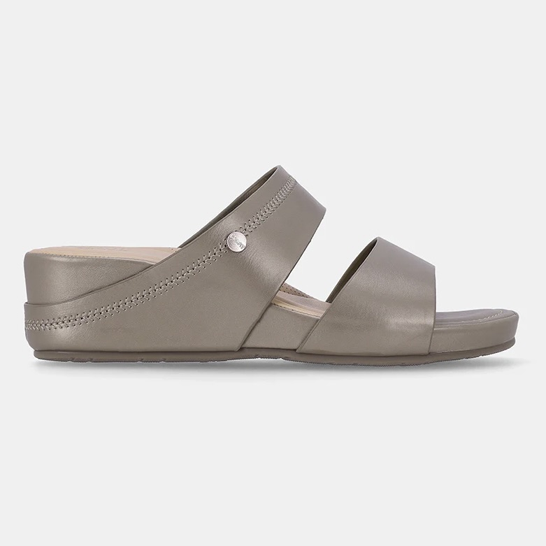 Ladies Pewter Caca Double Strap Wedges