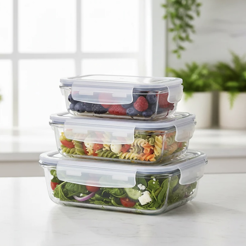 3x Locking Snap Lid Glass Containers