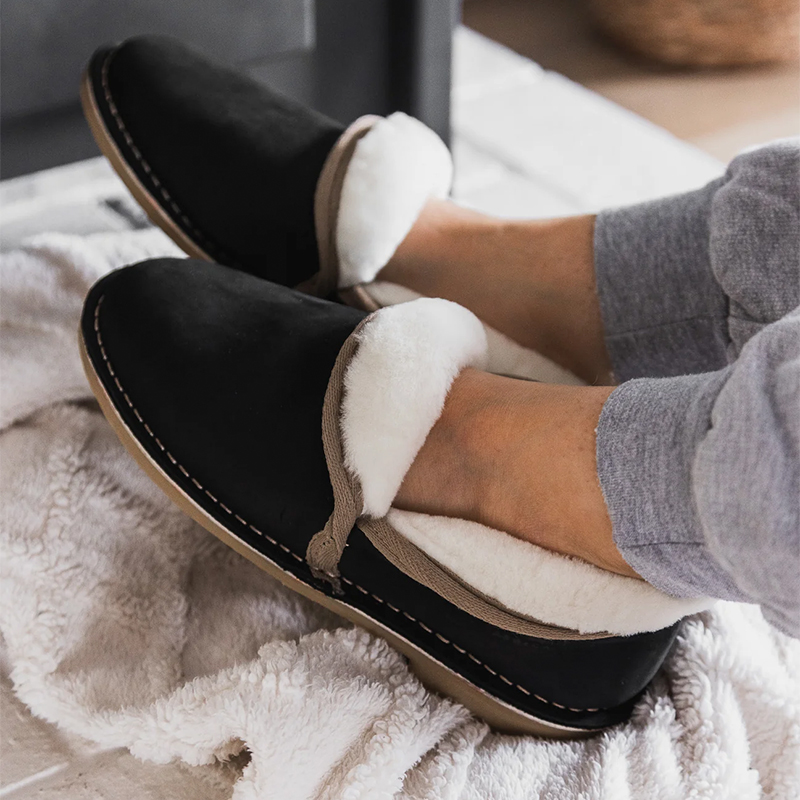 Men's or Ladies Black Genuine Leather and Sheepskin Slippers