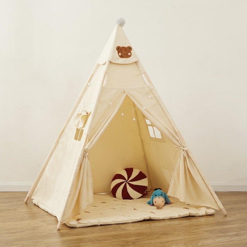 Portable Cotton Canvas Kids Teepee Tent with String Lights