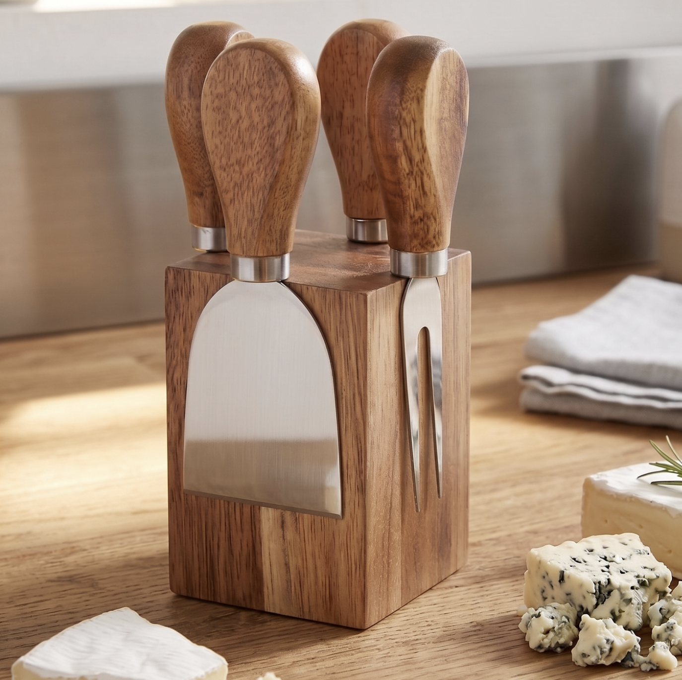 4-Piece Stainless Steel Cheese Knife Set with Magnetic Acacia Wood Stand