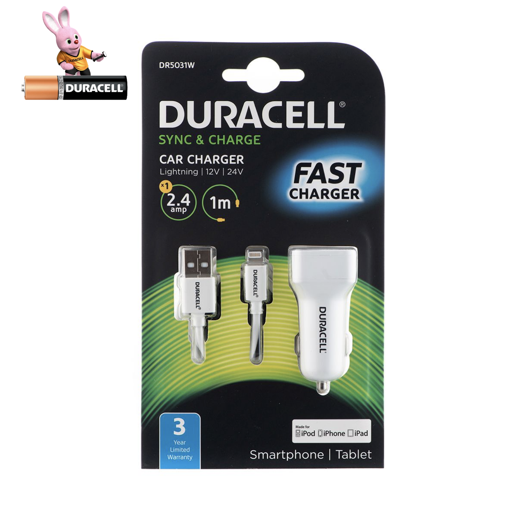 2.4A Fast Charging Car Charger with 1m Lightning Cable