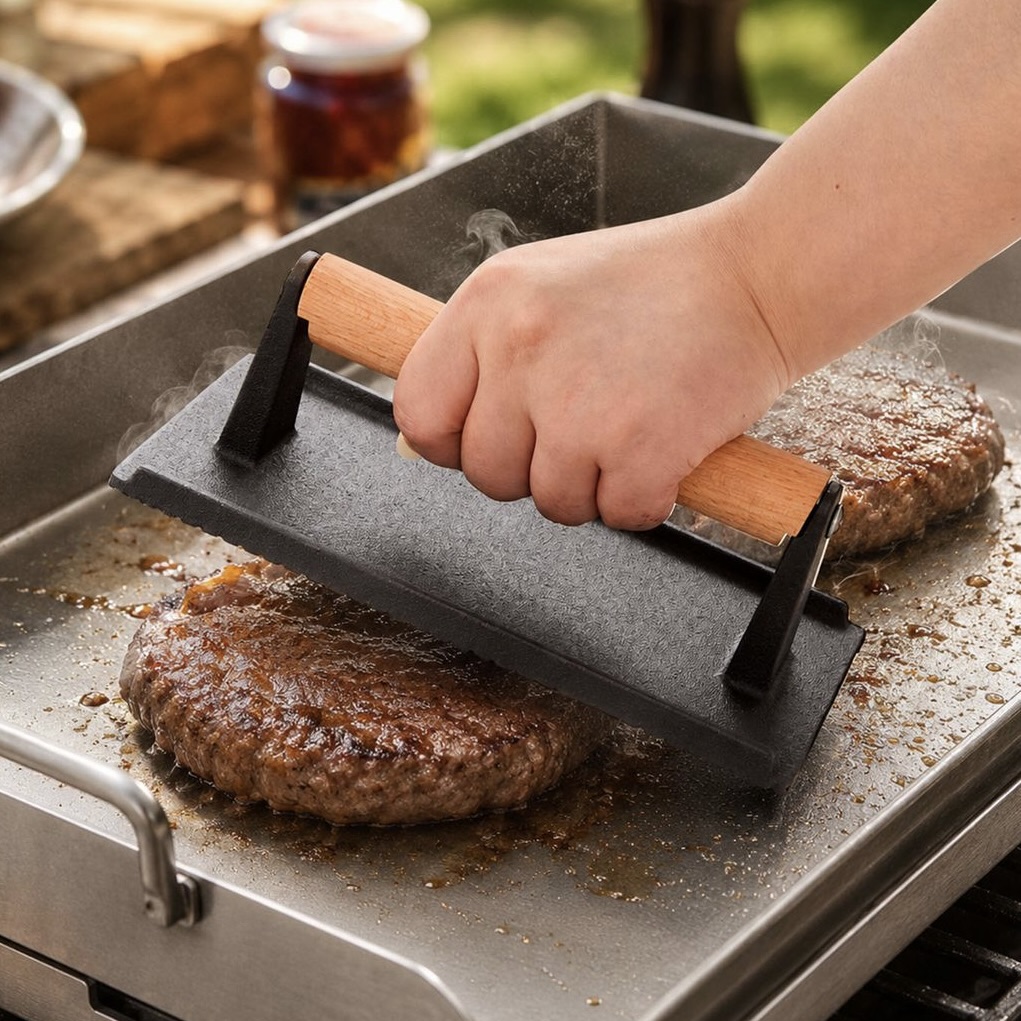 304 Stainless Steel Flat Top Griddle and Cast Iron Meat Press