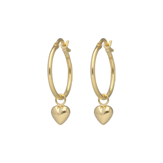 Gold Bonded Hoop Earrings with Heart Drop Charm