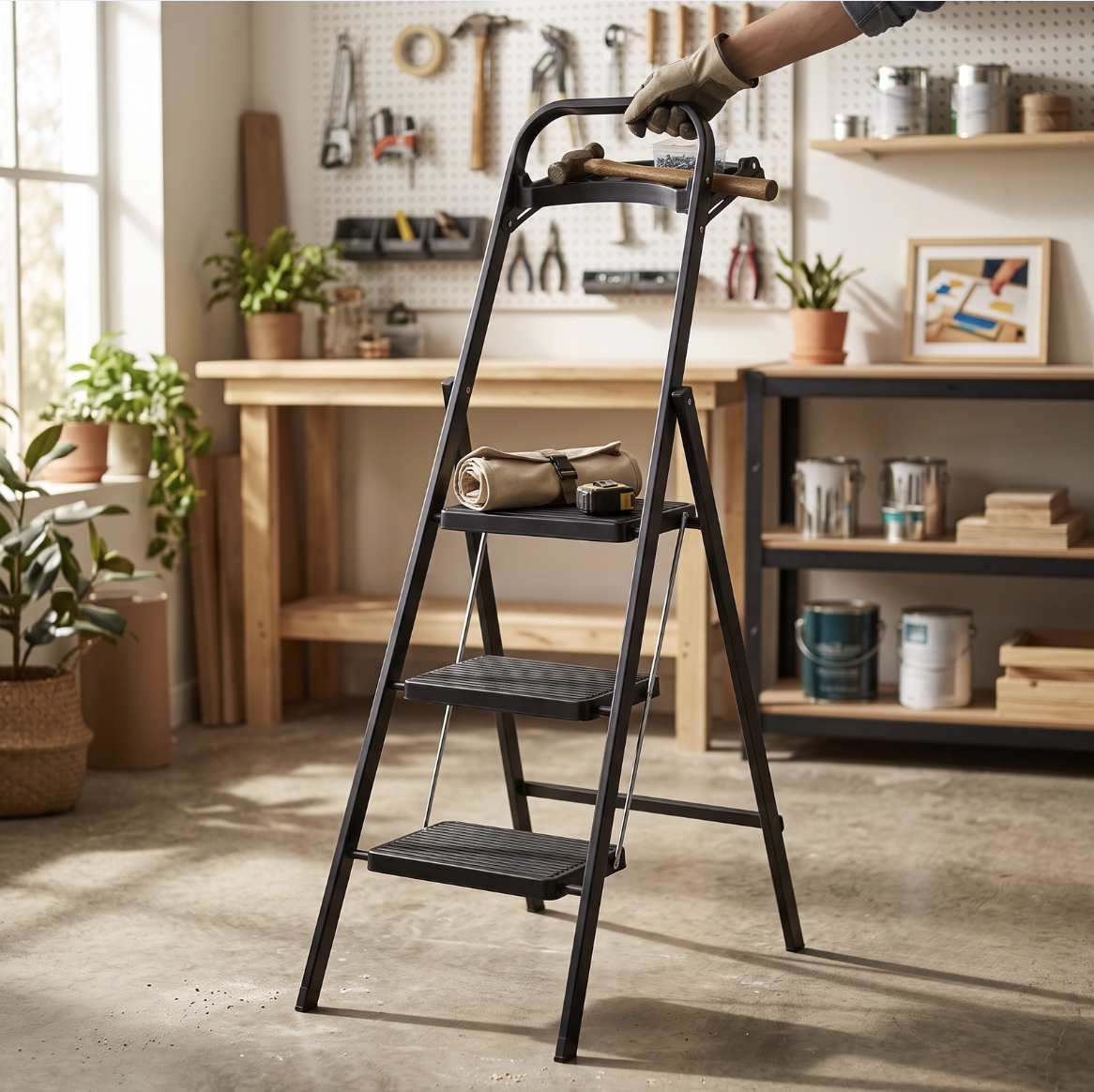 3-Step Anti-Slip Steel Ladder with Tool Tray