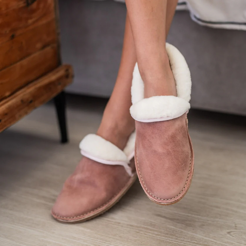 Ladies Top Pink Genuine Leather Sheepskin Slippers