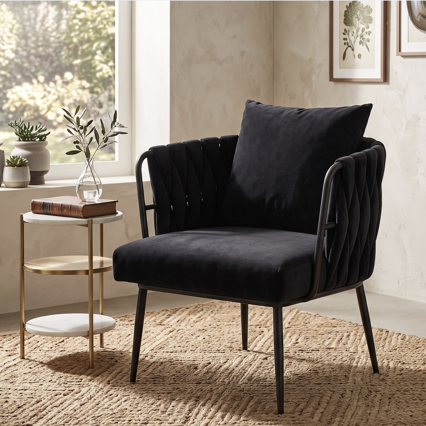 Velvet Knot-Back Accent Chair with Cushion