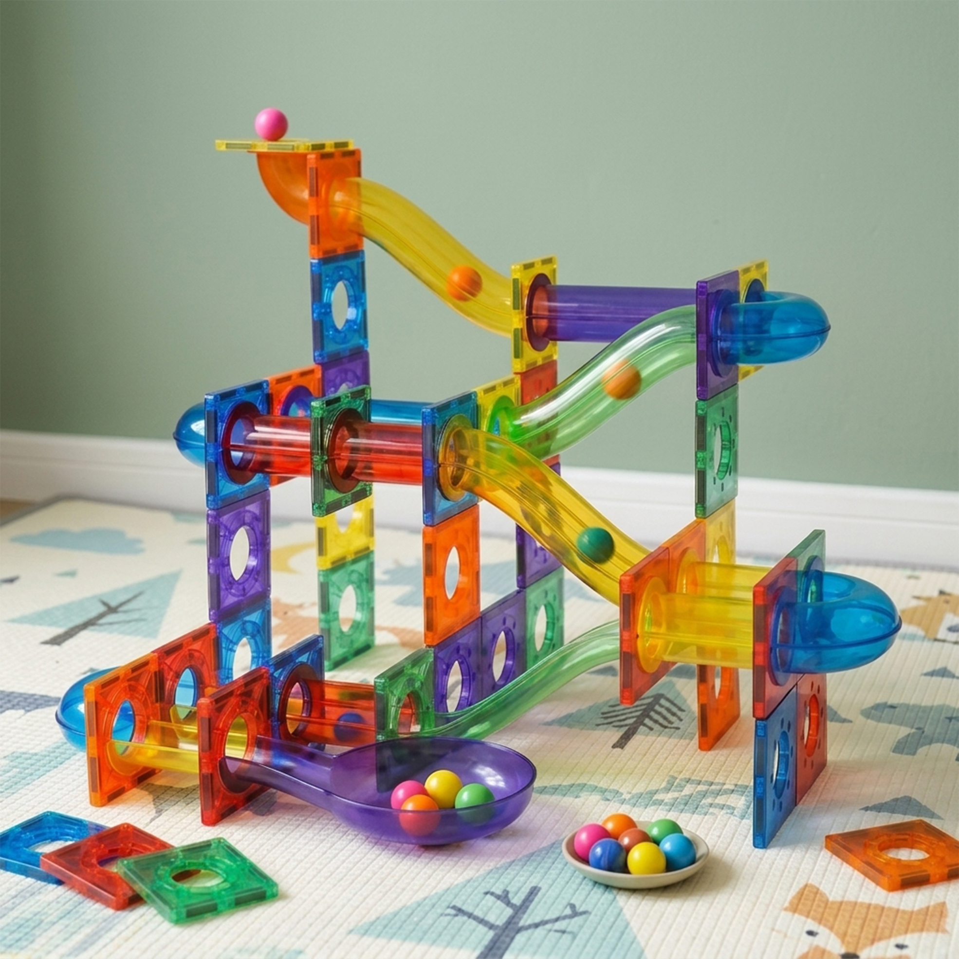 100-Piece 3D Magnetic Building Tiles Marble Run Set