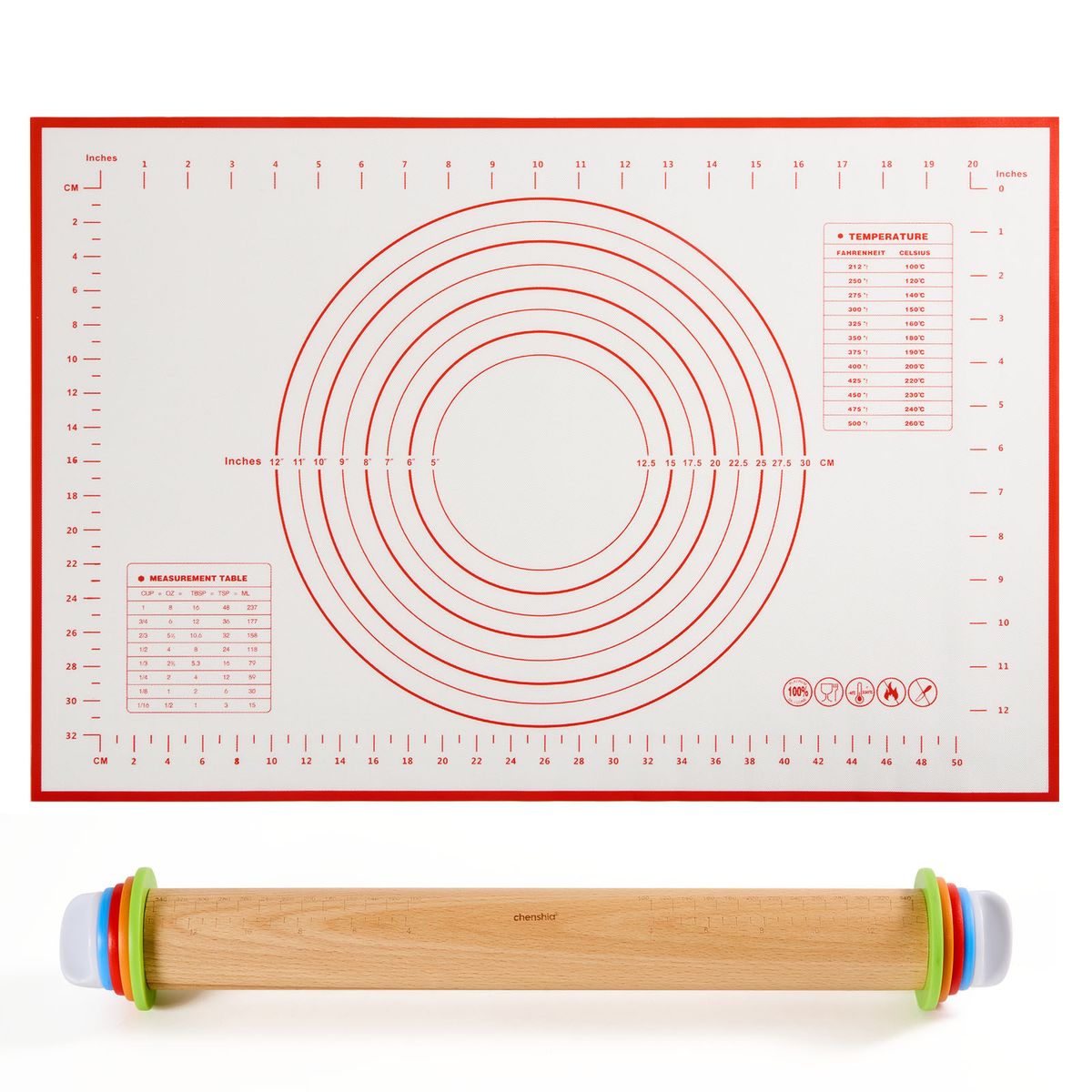 Adjustable Beech Wood Rolling Pin with Silicone Baking Mat
