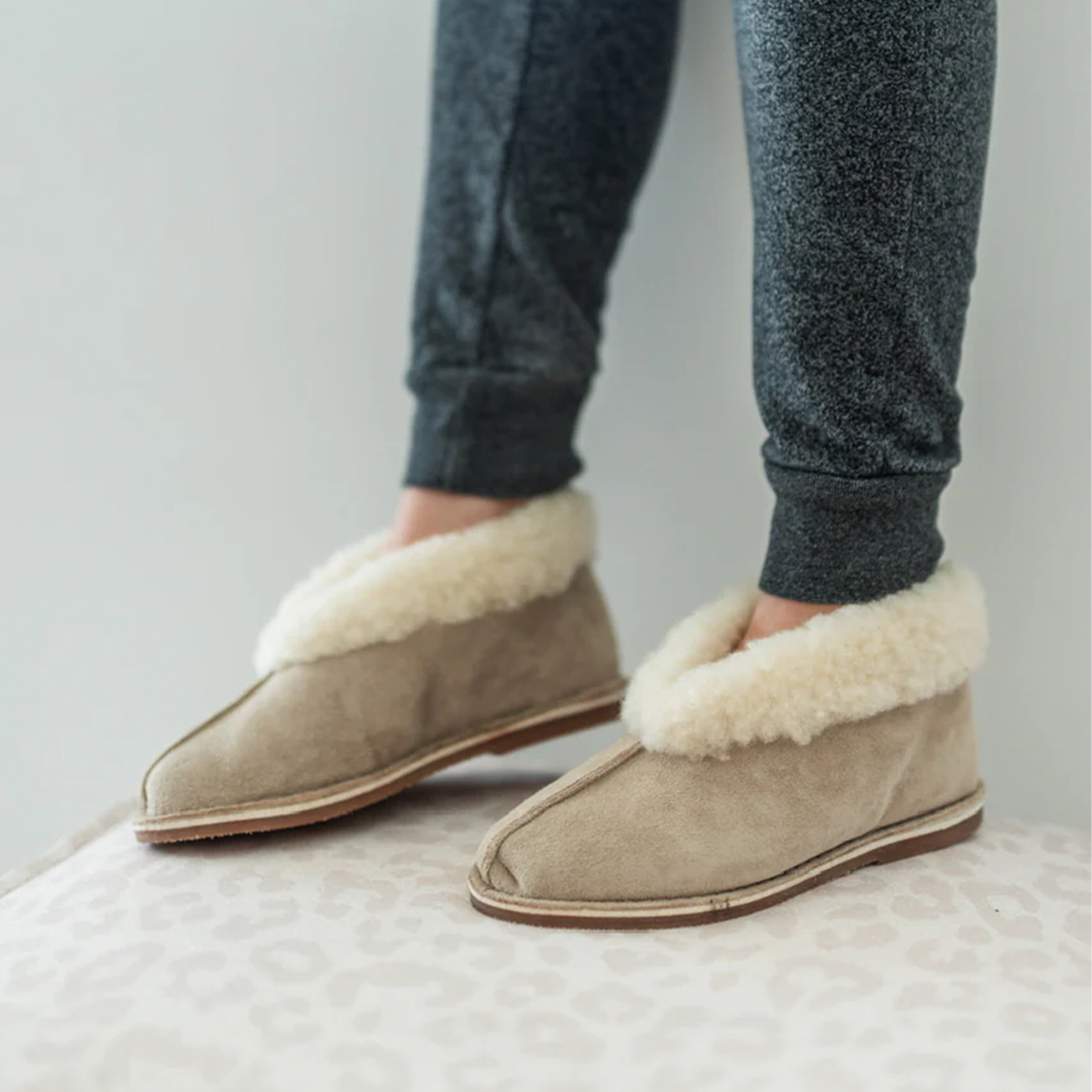Ladies Premium Beige Genuine Leather Sheepskin Slippers