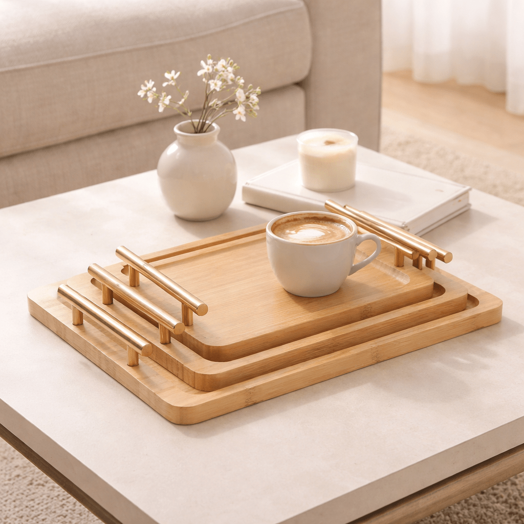 3-Piece Wooden Tray Set with Golden Handles