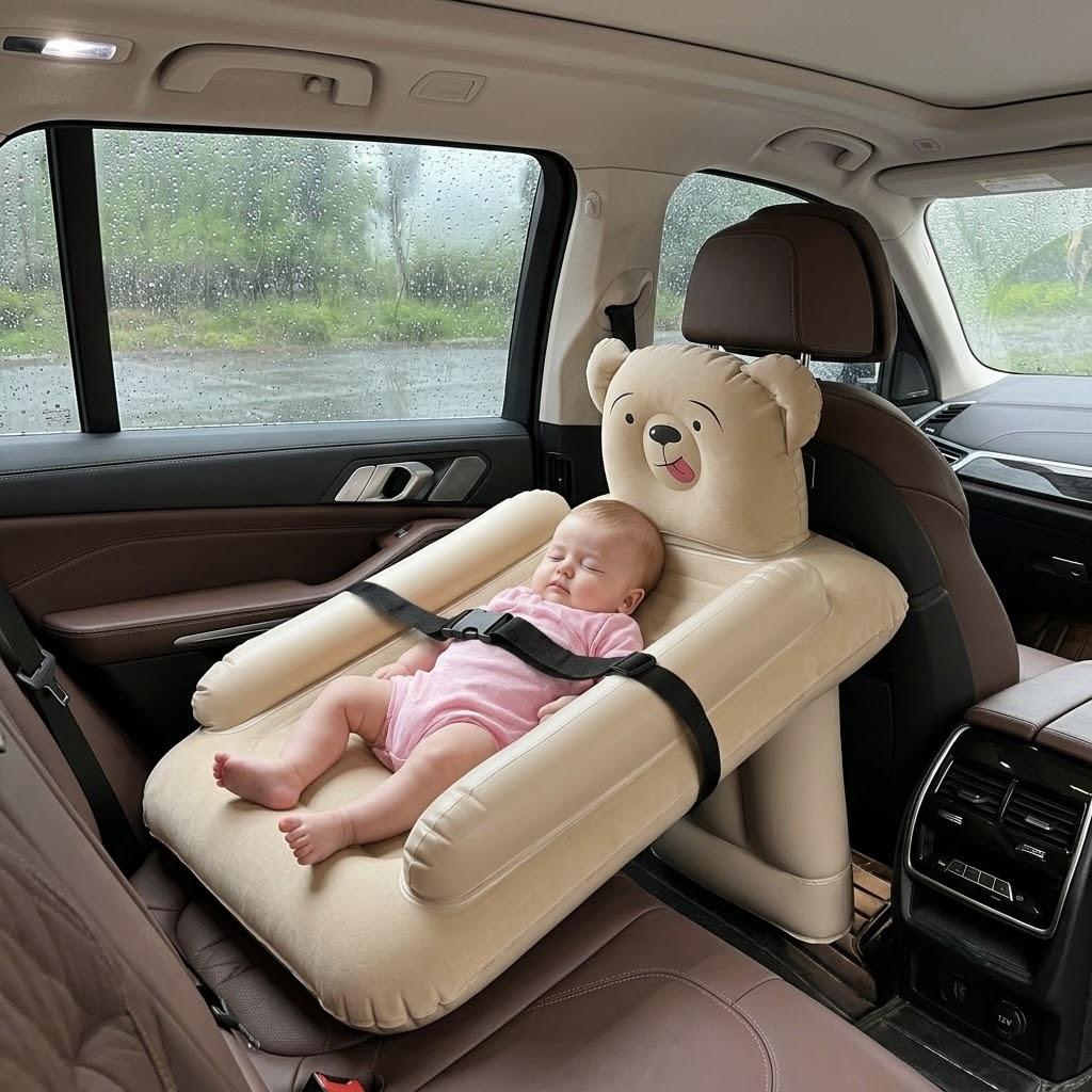 Inflatable Baby Mattress for Car and Airplane Travel with Safety Strap