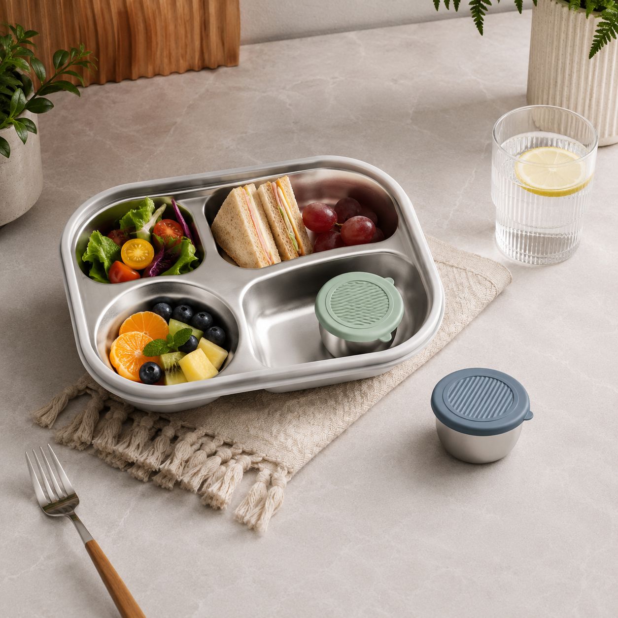 Stainless Steel Lunchbox with 2 Condiment Containers